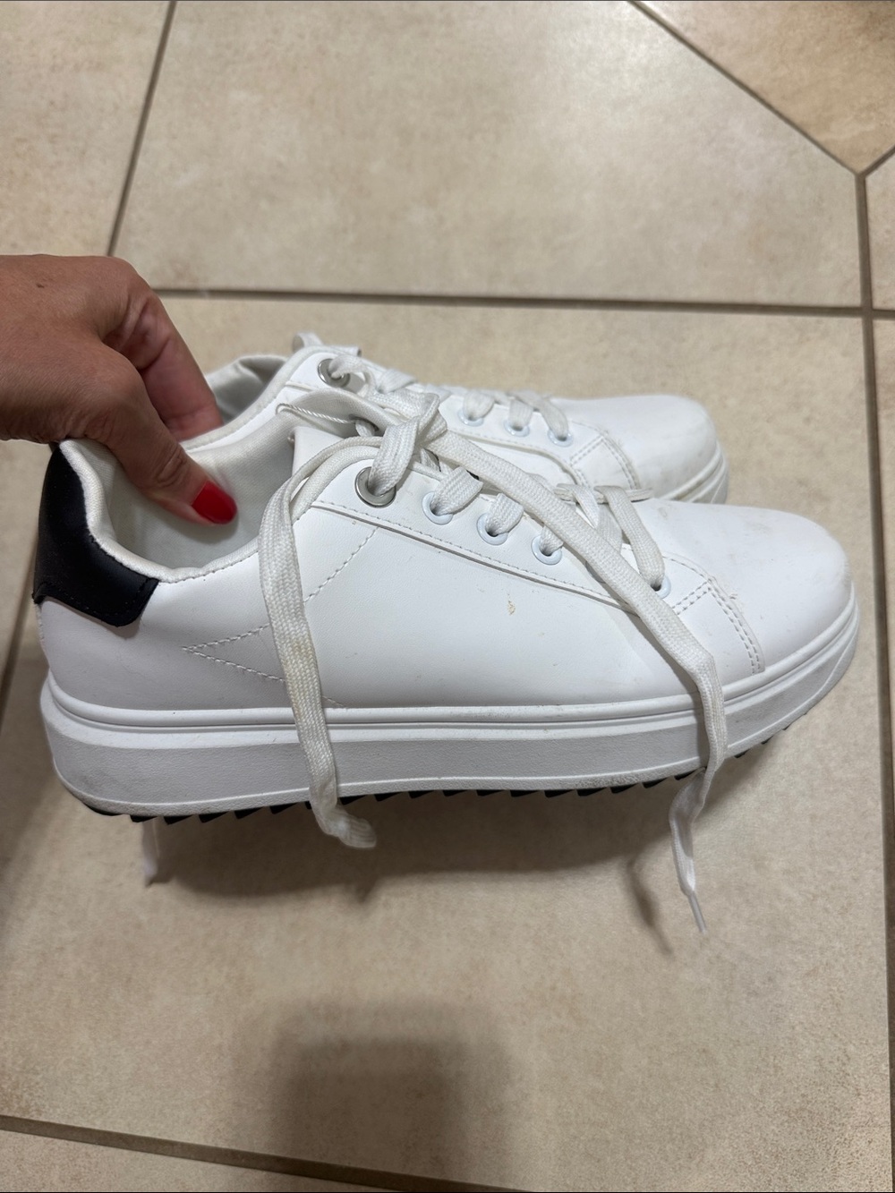 White Platform Lace-Up Women's Sneakers with Black Heel Accent